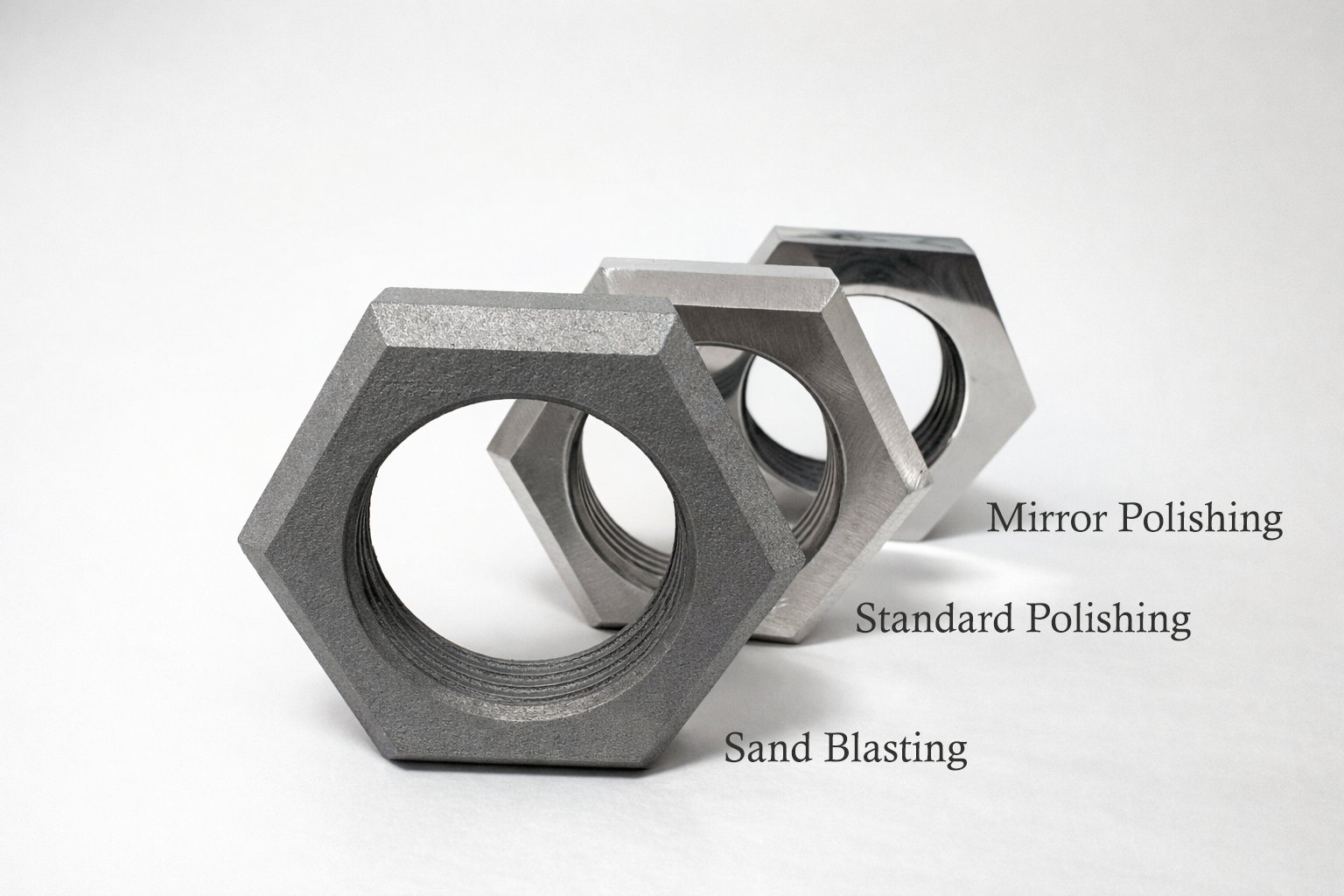 Sand blasting, standard polishing, and mirror polishing comparison on 316L stainless steel parts