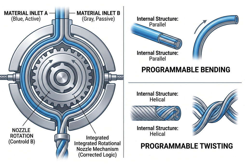 Cross-section of a rotational multimaterial 3D printer nozzle, showing how a parallel internal structure causes programmable bending, while a helical structure causes twisting.